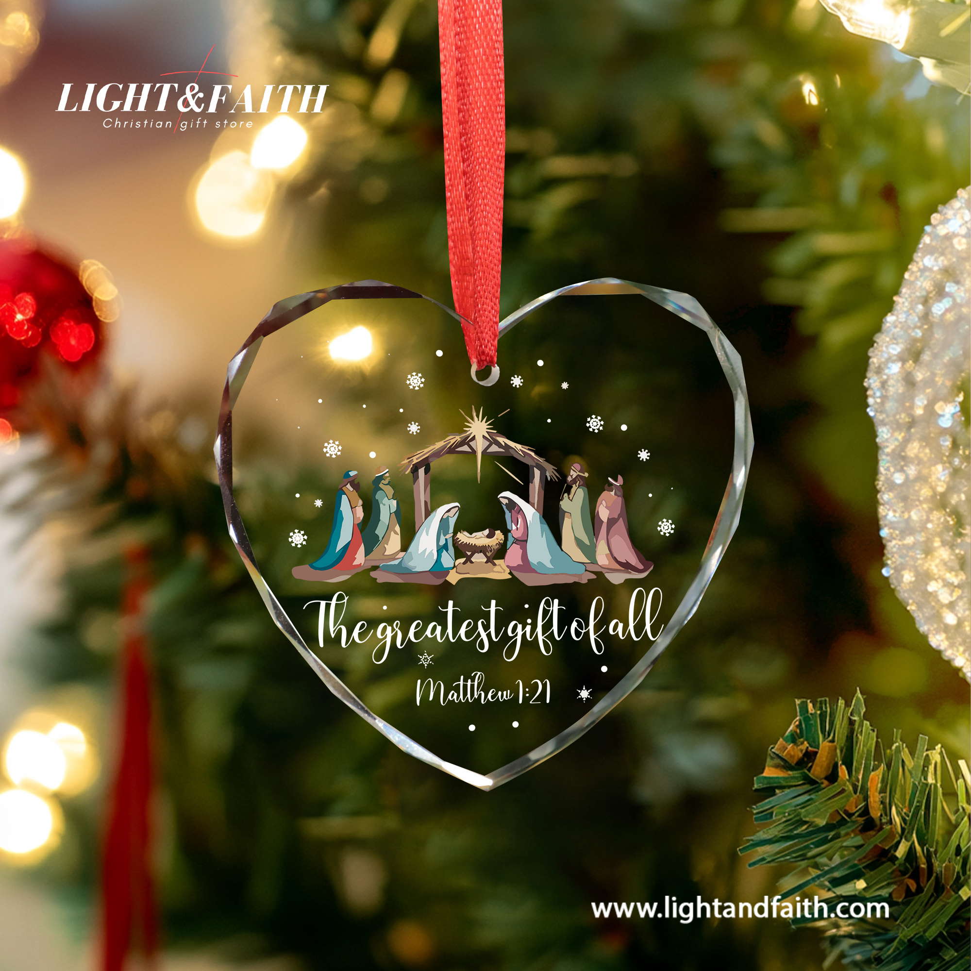 The Greatest Gift of All Glass Ornament, Matthew 1:21 Nativity Scene Ornament, Holy Family Christmas Decor, Christian Faith Gift, Religious Tree Decoration DCLAF56